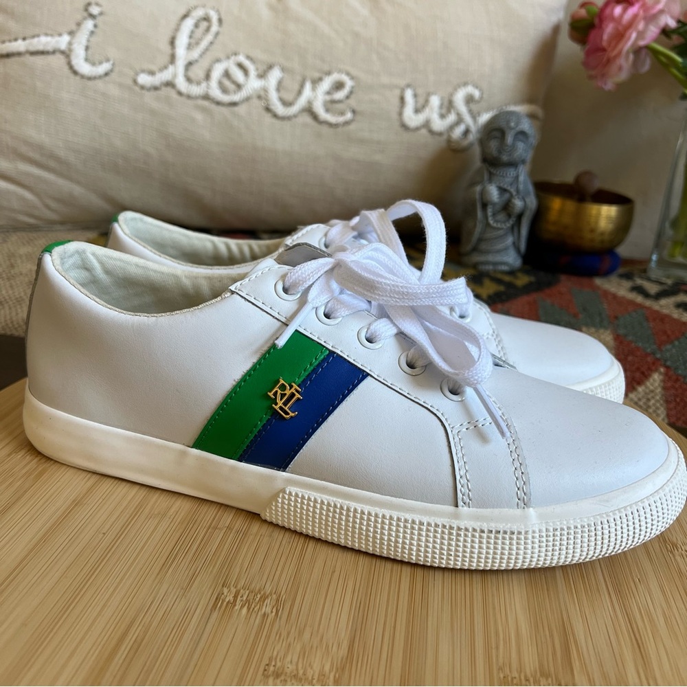 Lauren Ralph Lauren Jason II White Cow Leather Sneakers Blue/Green Stripes US8 - Picture 4 of 15